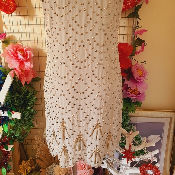 ALANNAH HILL | 100% Silk - Main & Lining | White Beaded Dress Sleeveless | AU 12 - Picture 13 of 15